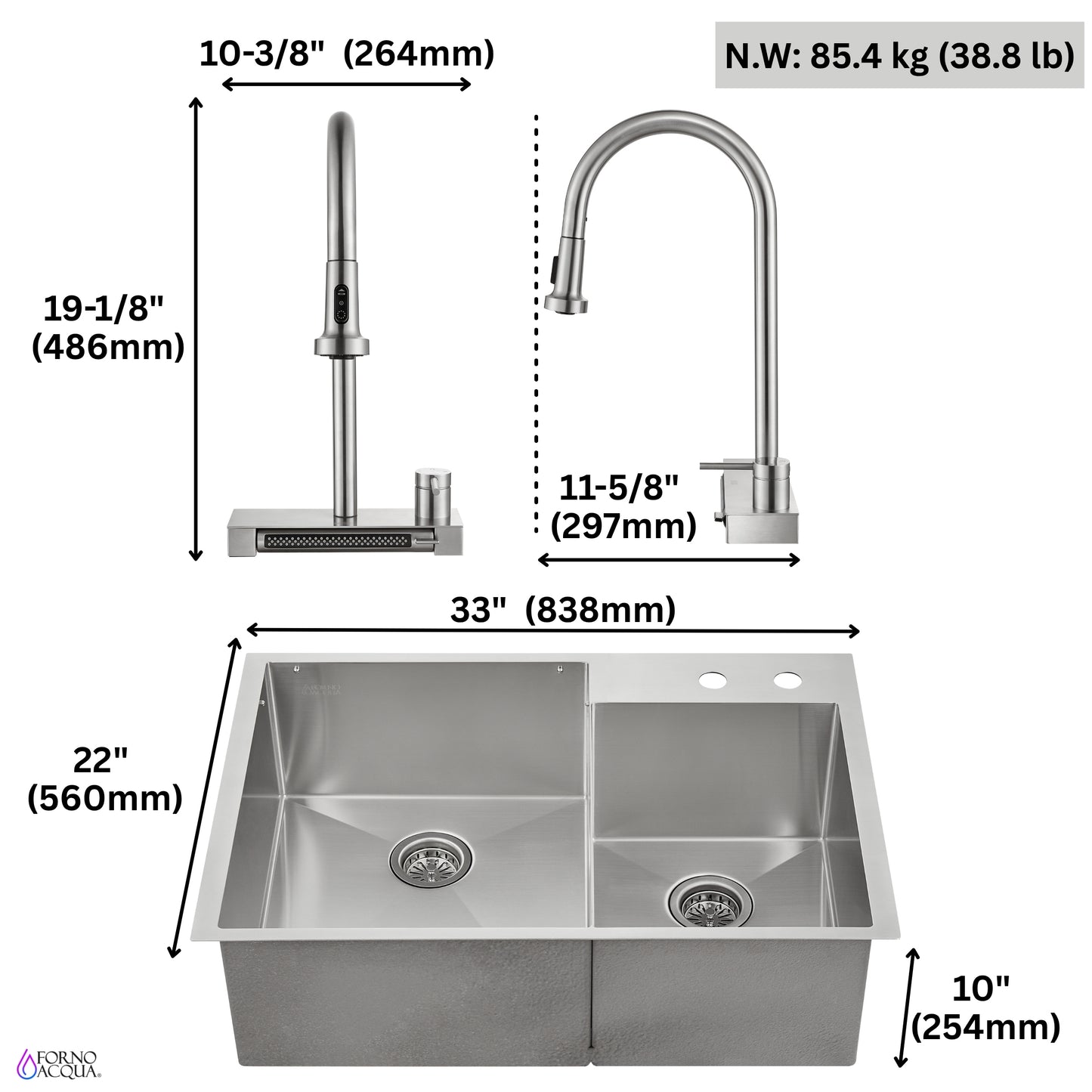 FORNO ACQUA 33 in. Drop-In/Undermount 40/60 Double Bowl Stainless Steel Sink with Waterfall Faucet