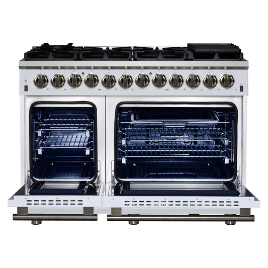 Forno Massimo 48 Inch Freestanding Dual Fuel Range in White with Antique Brass Accessories, 8 Burners, 6.58 cu. ft. Convection Oven