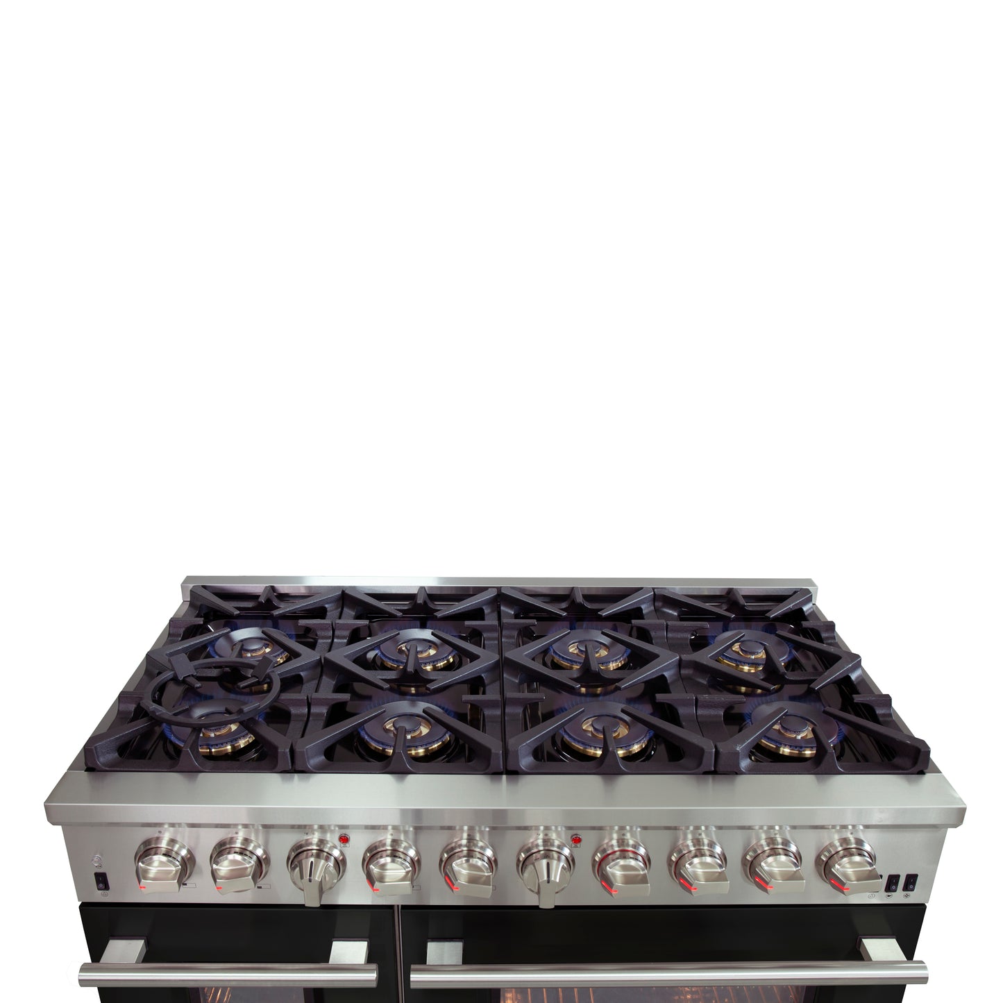 Forno Capriasca 48-Inch Freestanding Dual Fuel Range, 8 Burners, True Convection Oven, Black Doors