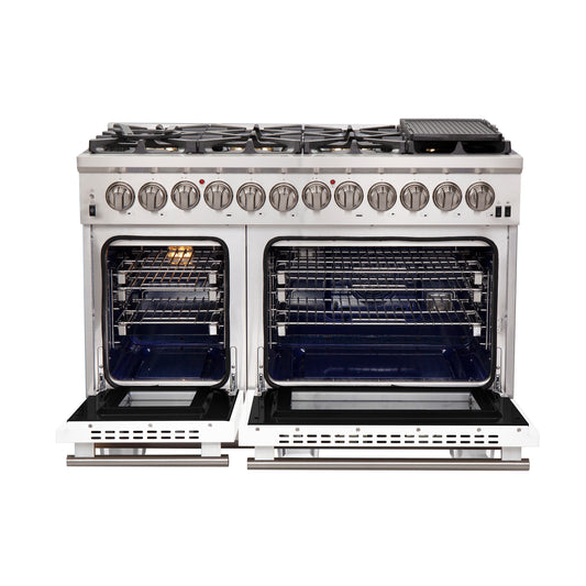 Forno Capriasca 48-Inch Freestanding Dual Fuel Range, 8 Burners, True Convection Oven, White Doors