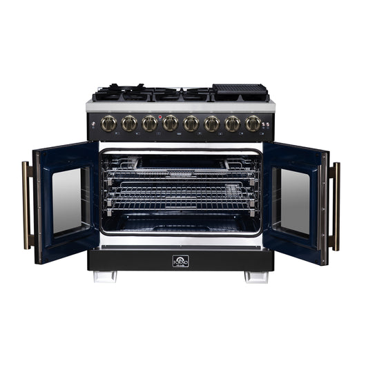 Forno Capriasca 36 Inch Freestanding French Door Dual Fuel Range in Black with Antique Brass Accessories, 6 Burners, True Convection Oven