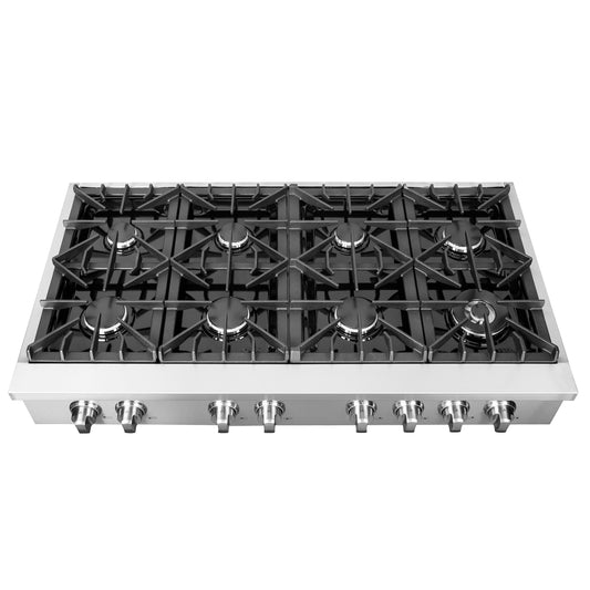 Forno Cossato Alta Qualita 48-Inch Pro-Style Gas Rangetop, Stainless Steel, 8 Sealed Burners, 107,000 BTU Total Output, Continuous Cast Iron Grates