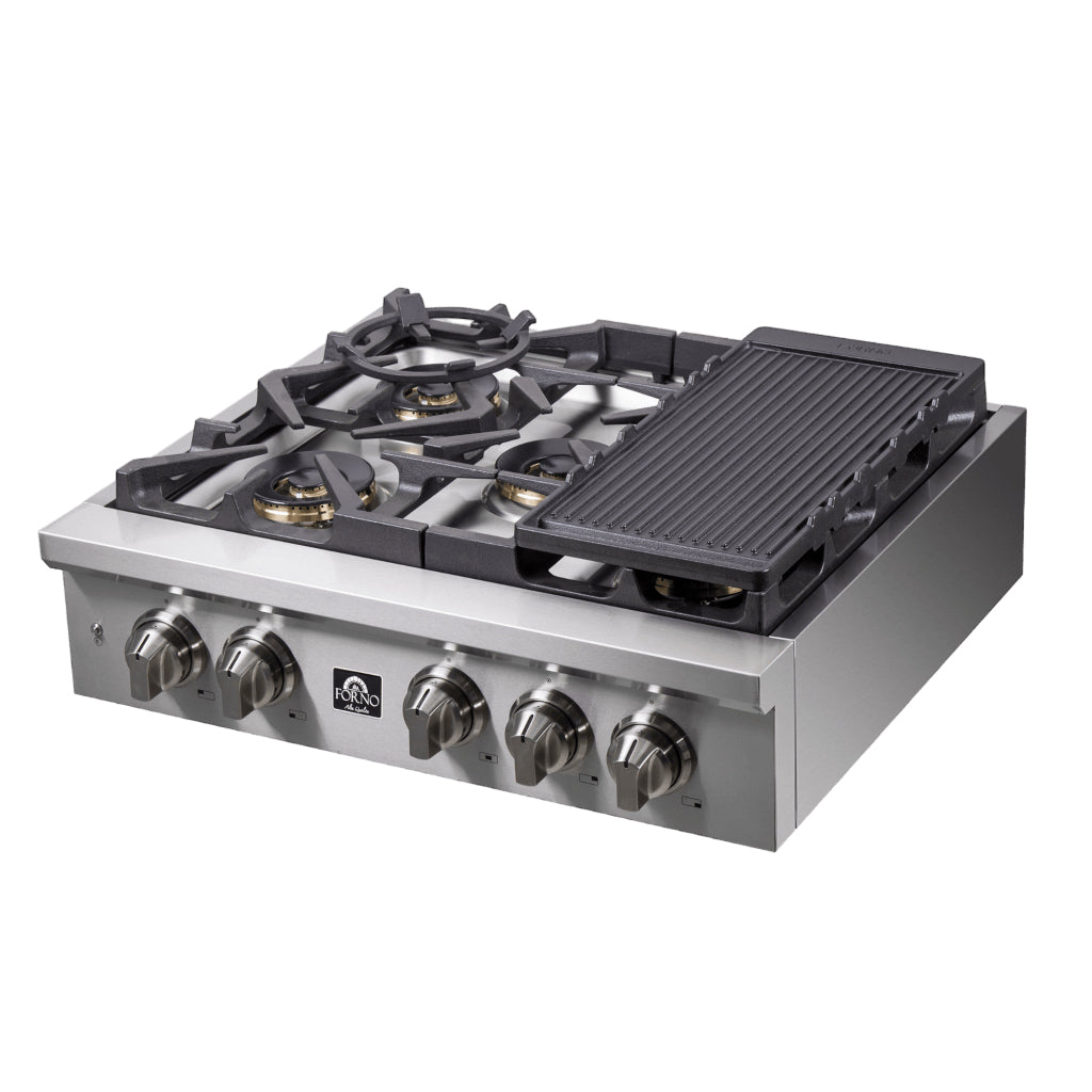 Forno Spezia Alta Qualita 30-Inch Pro-Style Gas Rangetop, Stainless Steel, 5 Sealed Burners, Continuous Cast Iron Grates, High Heat Output