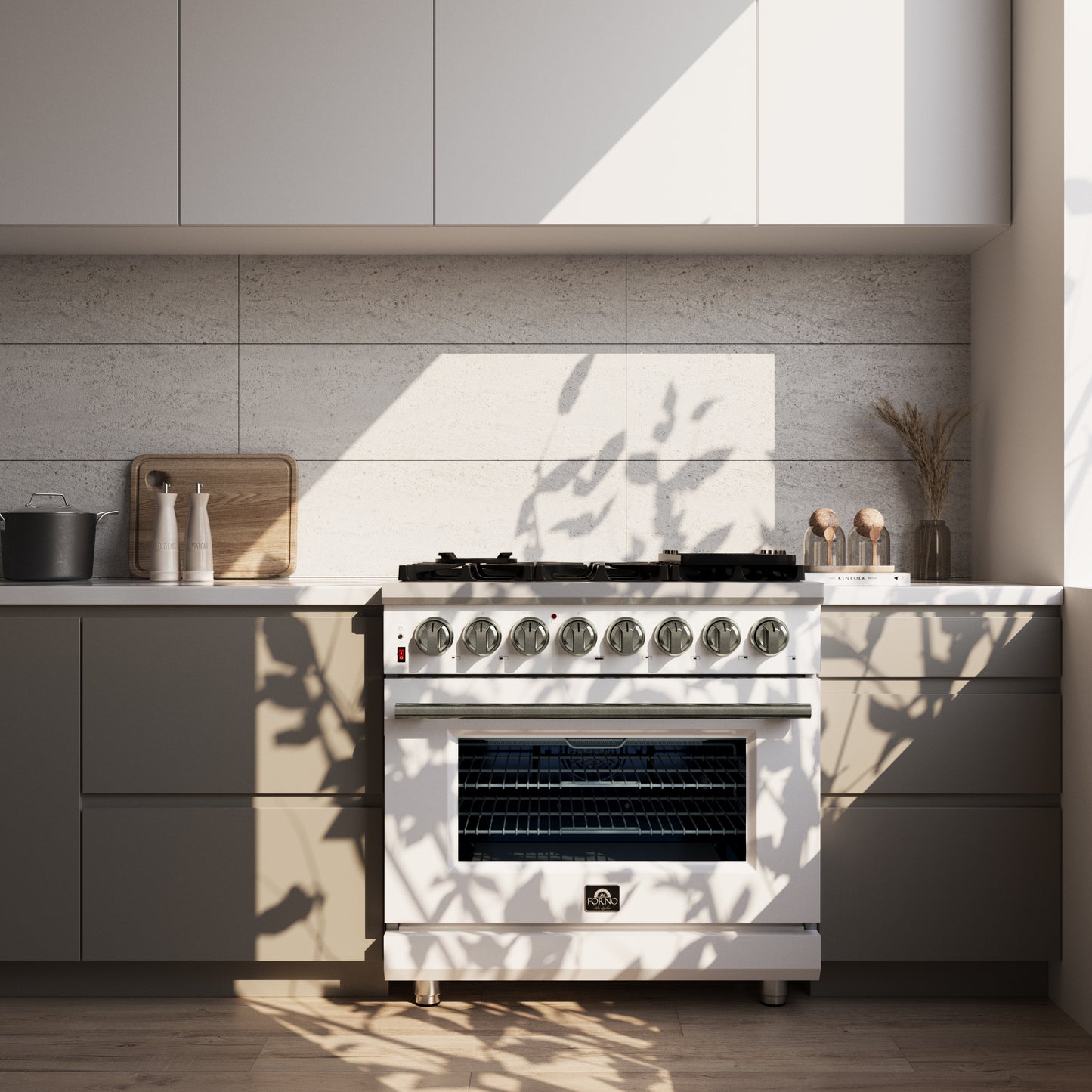 Forno Massimo 36 Inch Freestanding Dual Fuel Range in White with Antique Brass Accessories, 6 Burners, 5.36 cu. ft. Convection Oven