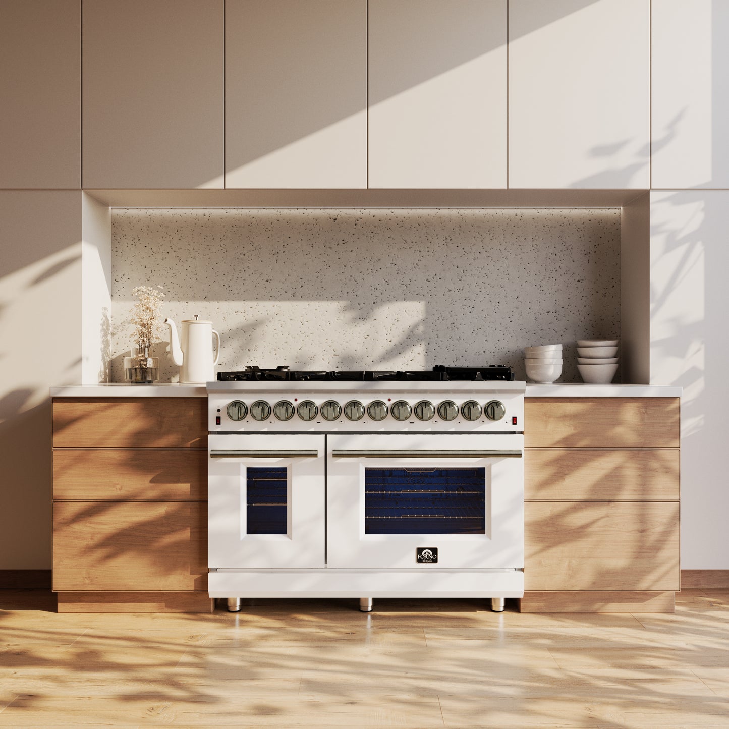 Forno Massimo 48 Inch Freestanding Dual Fuel Range in White with Antique Brass Accessories, 8 Burners, 6.58 cu. ft. Convection Oven