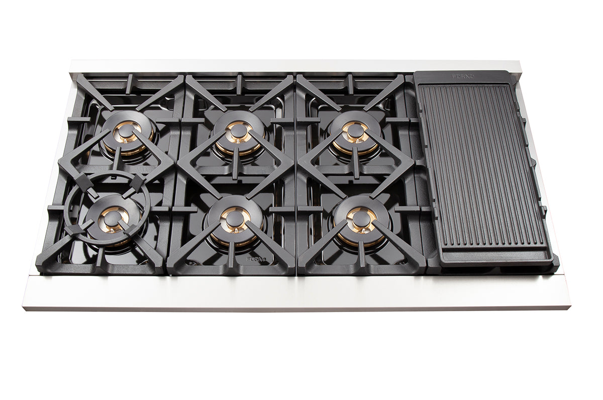 FORNO Capriasca 48-inch Gas Range Stainless Steel, 8 Brass Burners 160,000 BTU, 6.58 cu.ft. Double Oven, Black Doors