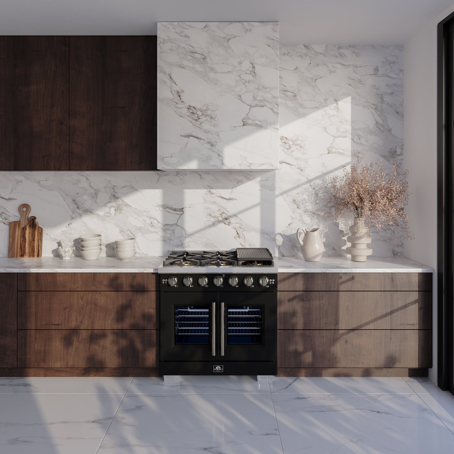 Forno Capriasca 36-Inch Black Freestanding French Door Gas Range, 6 Burners, Convection Oven, Energy Efficient