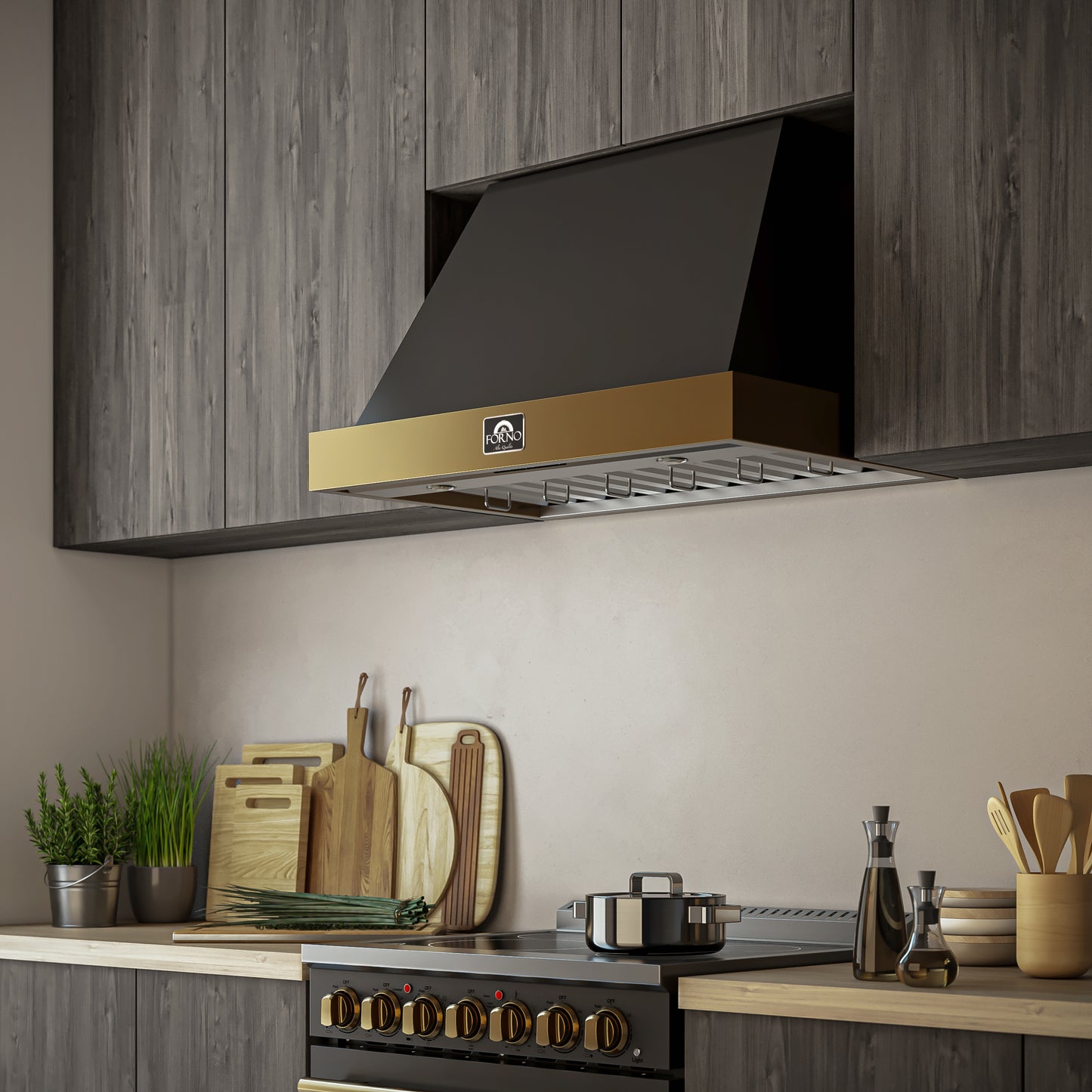 Forno Vittorio 36-Inch Wall Mount Range Hood, Black with Antique Brass Trim, 600 CFM Airflow, Dishwasher-Safe Baffle Filters, Remote Control, 3-Speed Fan, Bright LED Lighting.