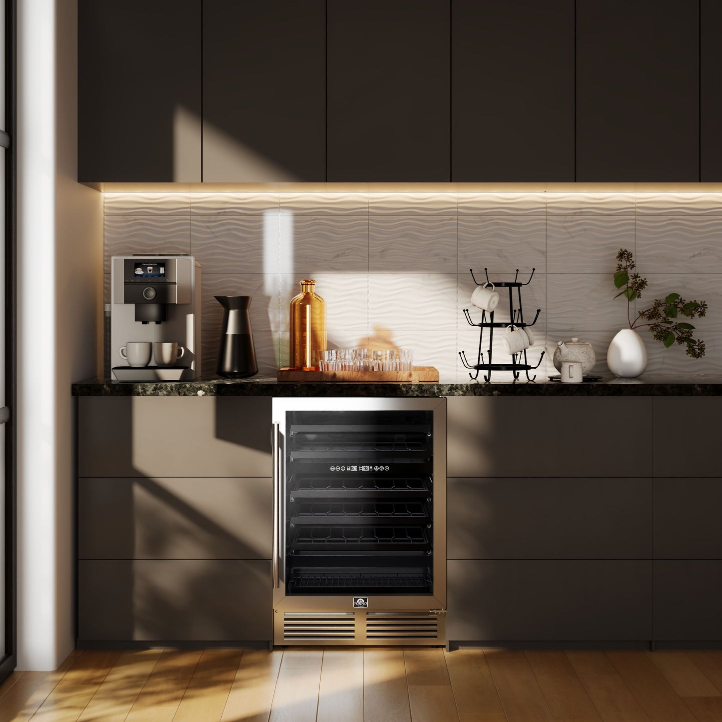 Forno Bacchino 24 Inch Wine Cooler, Stainless Steel, with LED Lighting, Triple Glass Door, 51 Bottle Capacity, Built-In or Freestanding