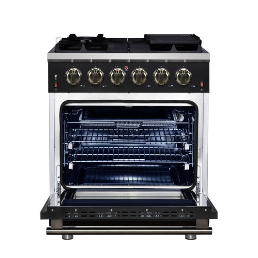 Forno Massimo 30-Inch Black Freestanding Gas Range, 4 Burners, True Convection Oven