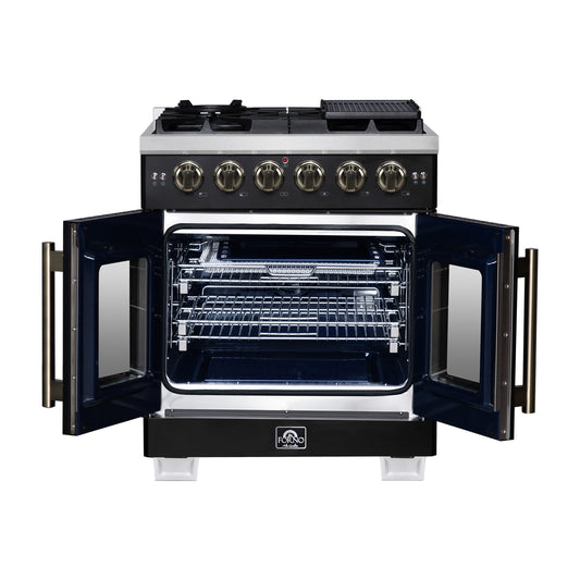 Forno Capriasca 30-Inch Freestanding French Door Gas Range, 4 Burners, Convection Oven, Energy Efficient