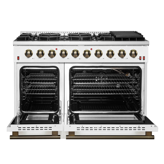 FORNO Galiano 48-inch Gas Range White & Antique Brass Design, 8 Burners, 107,000 BTU, Griddle, 6.58 cu.ft. Double Ovens