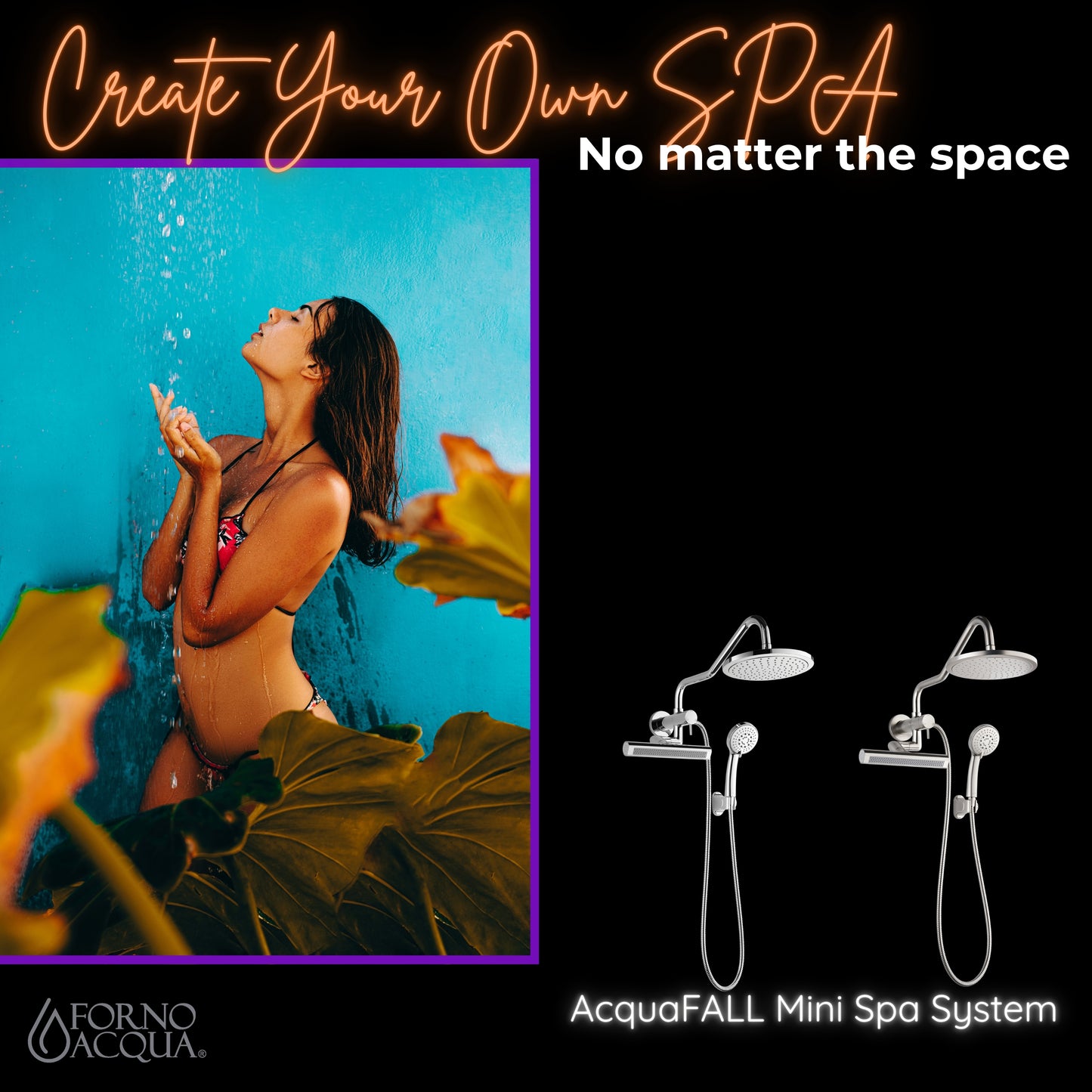 Forno Acqua AcquaFALL Mini Shower Head, Brushed Nickel Finish, Overhead Rainfall Shower, 7 Way Diverter, Handheld Shower Head, Body Jets, 1.8 GPM Flow Rate