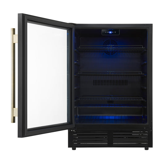 Forno Frescolino 24 Inch Beverage Cooler, Black with Antique Brass Handles, with LED Lighting, Triple Glass Door, 188 Can Capacity, Built-In or Freestanding
