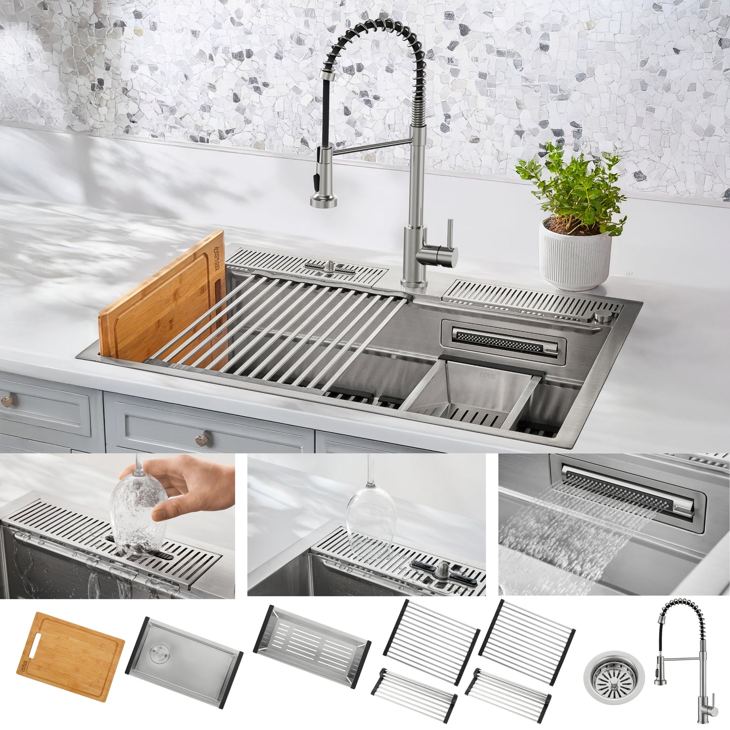 FORNO ACQUA MultiSINK kit with Integrated Waterfall Rinsing and Glass Washing Station.  Includes Chef Faucet and Accessories.