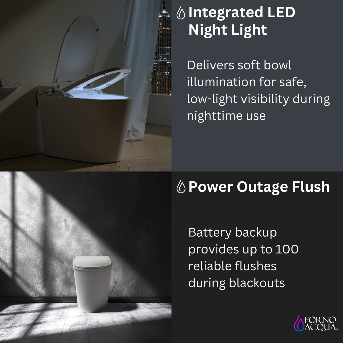 FORNO ACQUA Luxurious Super Smart Toilet. Includes Bidet, Heated Seat, Auto Flush, Auto Lid, Powerful Flush, Ideal for master bathrooms.