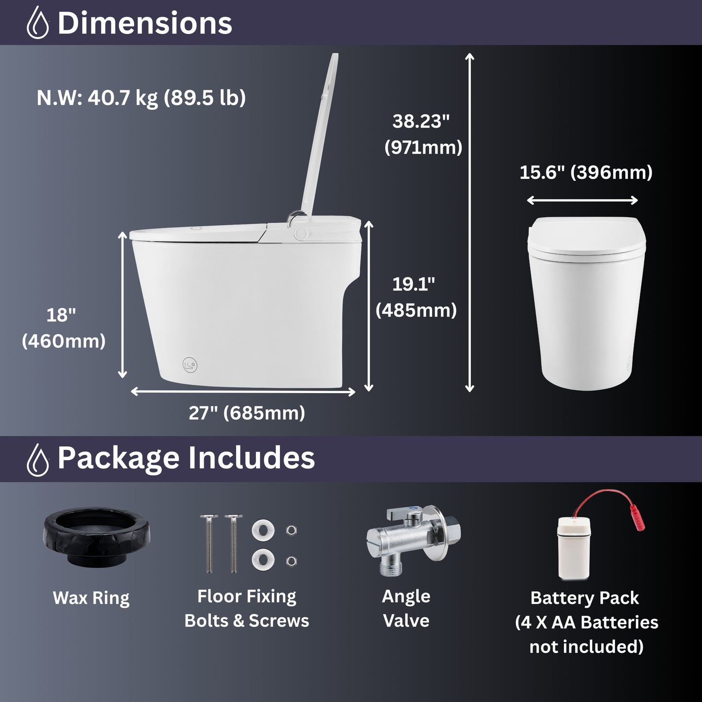 FORNO ACQUA Luxurious Smart Toilet. Includes Auto Flush, Auto Lid, Powerful Flush, sleek tankless design Ideal for Powder Rooms.