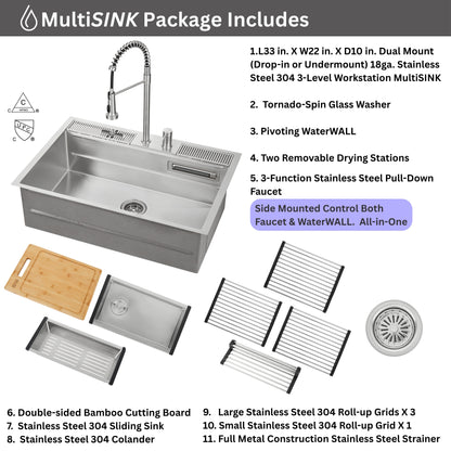 FORNO ACQUA 33 in. Drop-In/Undermount 3-Level Workstation Sink with Faucet, Waterfall & Glass Rinser