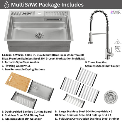 FORNO ACQUA MultiSINK kit with Integrated Waterfall Rinsing and Glass Washing Station.  Includes Chef Faucet and Accessories.