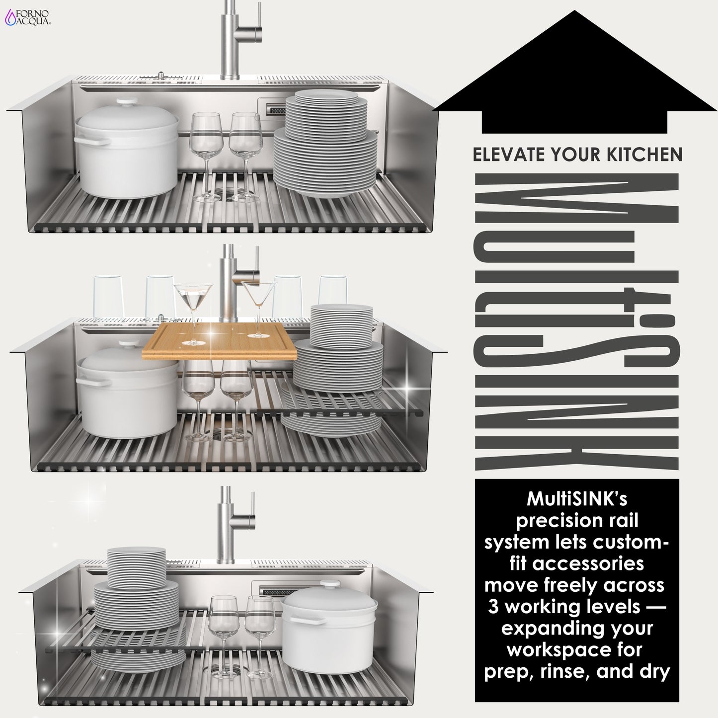 FORNO ACQUA 33 in. Drop-In/Undermount MultiSINK Workstation Sink with Waterfall Faucet & Glass Rinser
