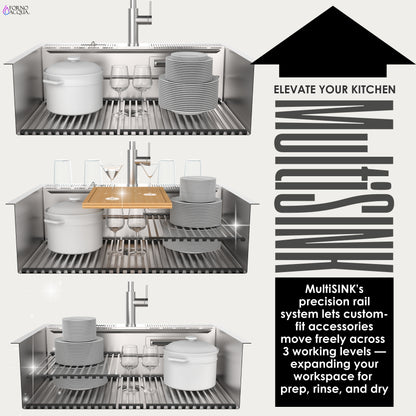 FORNO ACQUA 33 in. Drop-In/Undermount MultiSINK Workstation Sink with Waterfall Faucet & Glass Rinser