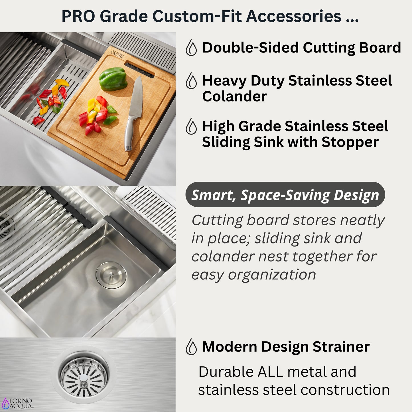 FORNO ACQUA 33 in. Drop-In/Undermount 3-Level MultiSINK Workstation Sink with Waterfall Faucet & Glass Rinser