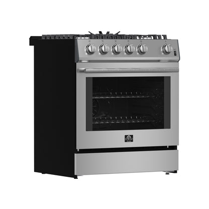 Forno Leonardo 30-Inch Stainless Steel Gas Range, 5 Sealed Burners (Totaling 39,500 BTU), 5 cu.ft. Convection Oven, Continuous Cast Iron Grates, Black Enamel Interior, Auto Re-Ignition, LP Conversion Kit Included