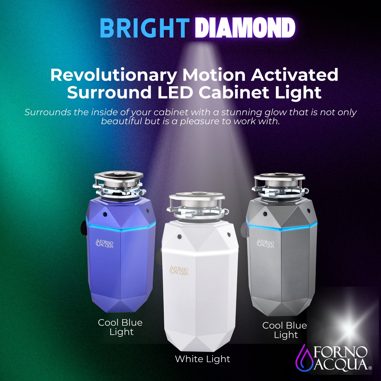 FORNO ACQUA BrightDIAMOND Black Onyx 3/4HP Super Quiet Garbage Disposal Corded with Motion Sensor Cabinet Light & Pre-Wired Air Switch