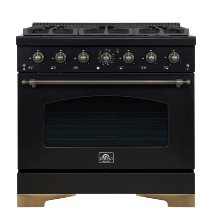 Forno Antico 36-inch Dual Fuel Range, Black and Antique Brass, 6 Burners, 4.5 cu.ft. Convection Oven