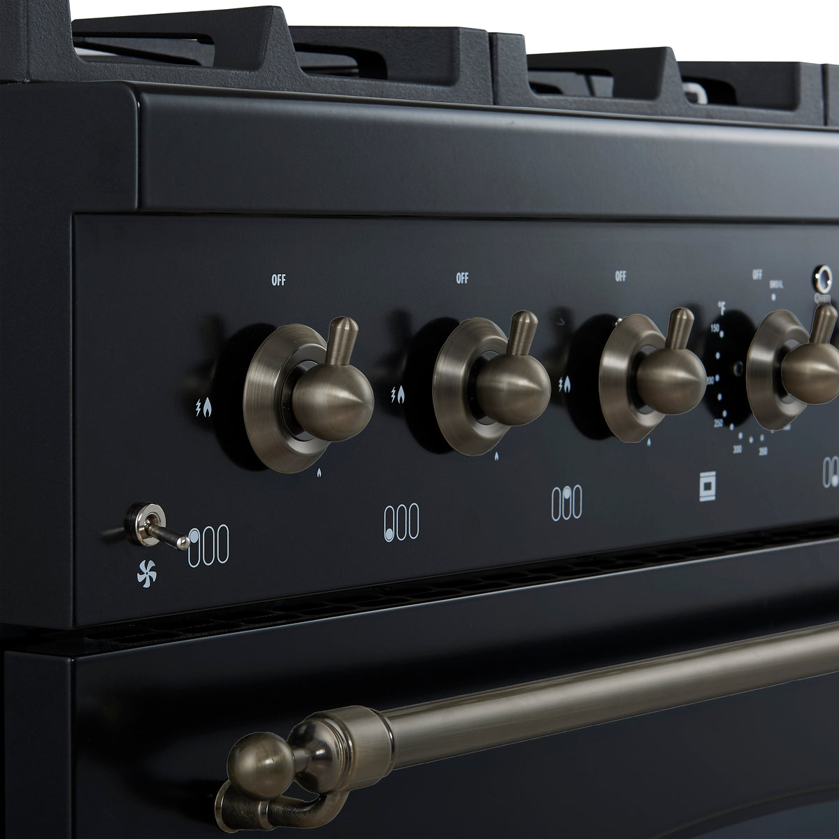 Forno Antico 36-inch Dual Fuel Range, Black and Antique Brass, 6 Burners, 4.5 cu.ft. Convection Oven