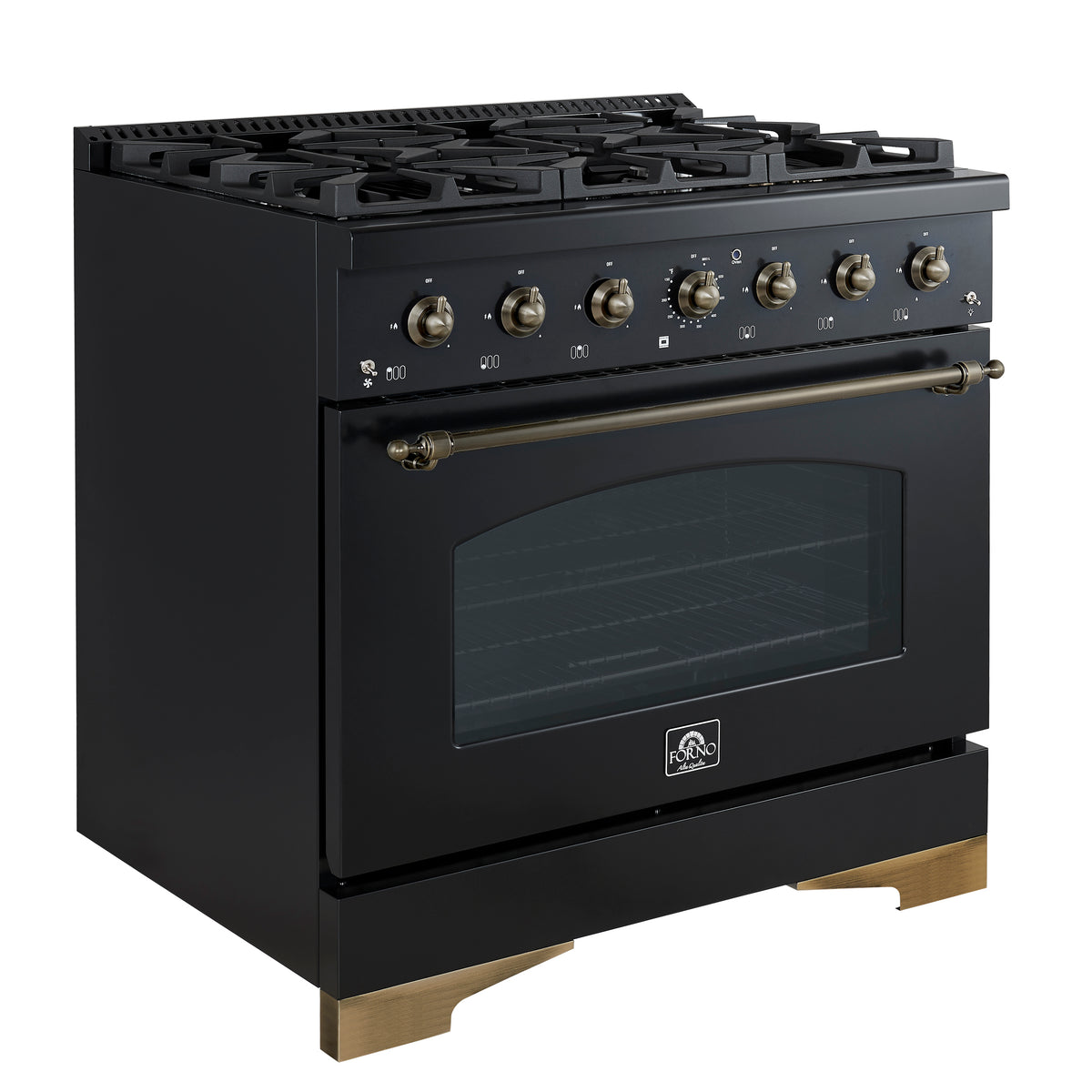 Forno Antico 36-inch Dual Fuel Range, Black and Antique Brass, 6 Burners, 4.5 cu.ft. Convection Oven