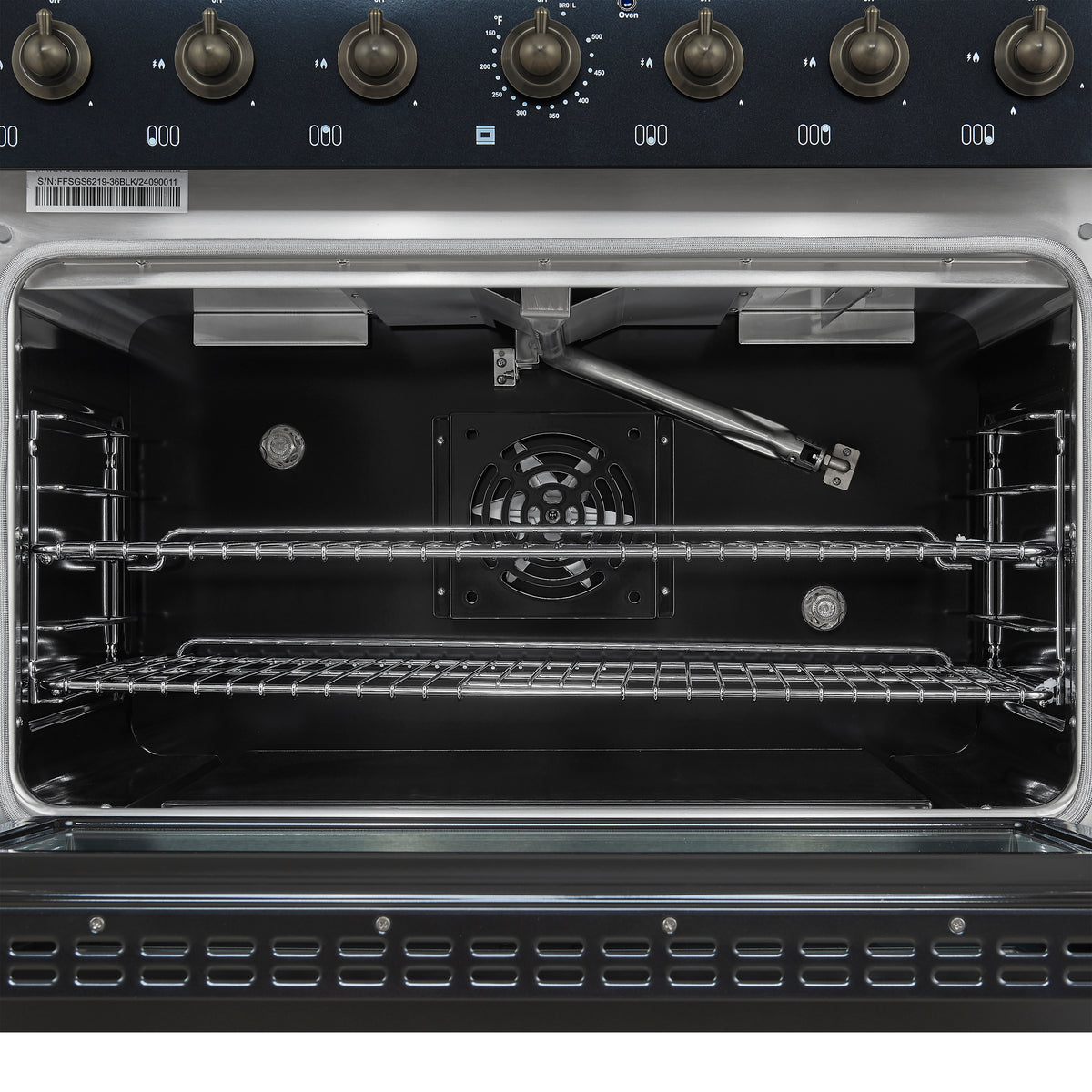 Forno Antico 36-inch Dual Fuel Range, Black and Antique Brass, 6 Burners, 4.5 cu.ft. Convection Oven