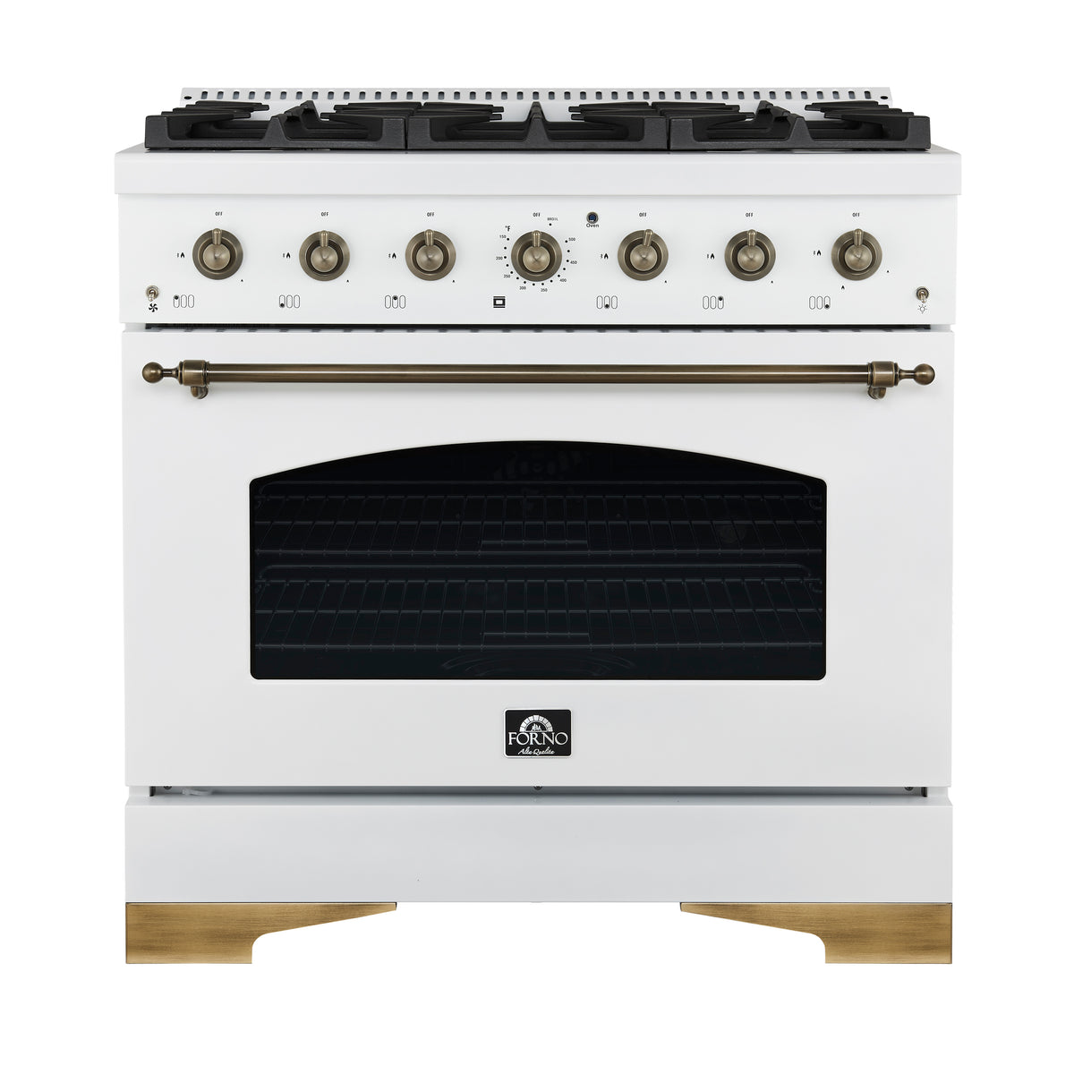 Forno Antico 36-inch Dual Fuel Range White and Antique Brass Design with 6 Sealed Gas Burners and Electric Convection Oven