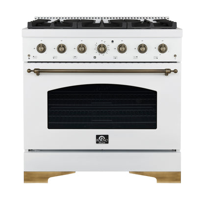 Forno Antico 36-inch Dual Fuel Range White and Antique Brass Design with 6 Sealed Gas Burners and Electric Convection Oven