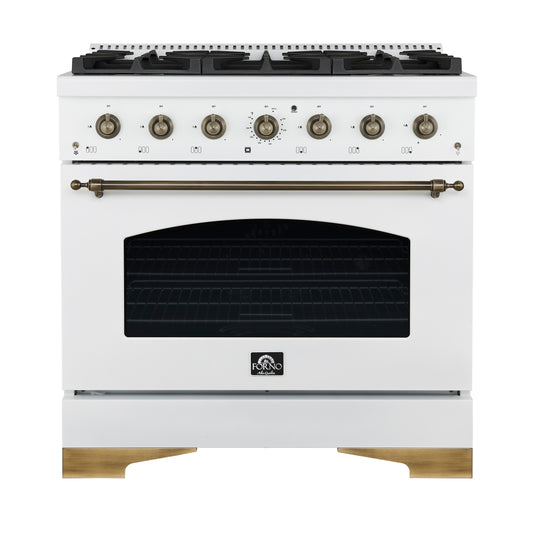 Forno Antico 36-inch Dual Fuel Range White and Antique Brass Design with 6 Sealed Gas Burners and Electric Convection Oven