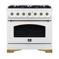 Forno Antico 36-inch Dual Fuel Range White and Antique Brass Design with 6 Sealed Gas Burners and Electric Convection Oven