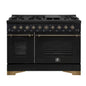 Forno Antico 48-Inch Dual Fuel Range, Black with Antique Brass Finish, 8 Burners, 94,000 BTU, 5.5 cu.ft. Double Ovens & Griddle