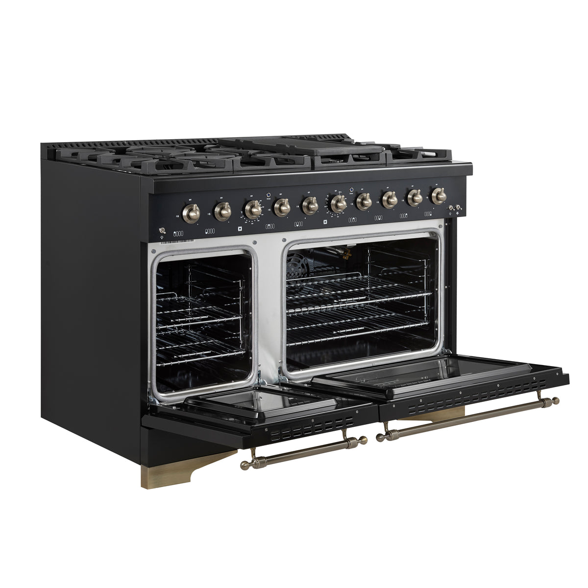 Forno Antico 48-Inch Dual Fuel Range, Black with Antique Brass Finish, 8 Burners, 94,000 BTU, 5.5 cu.ft. Double Ovens & Griddle
