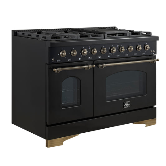 Forno Antico 48-Inch Dual Fuel Range, Black with Antique Brass Finish, 8 Burners, 94,000 BTU, 5.5 cu.ft. Double Ovens & Griddle
