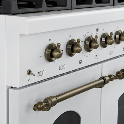 Forno Antico 48-Inch Dual Fuel Range, White with Antique Brass Finish, 8 Burners, 94,000 BTU, 5.5 cu.ft. Double Ovens & Griddle