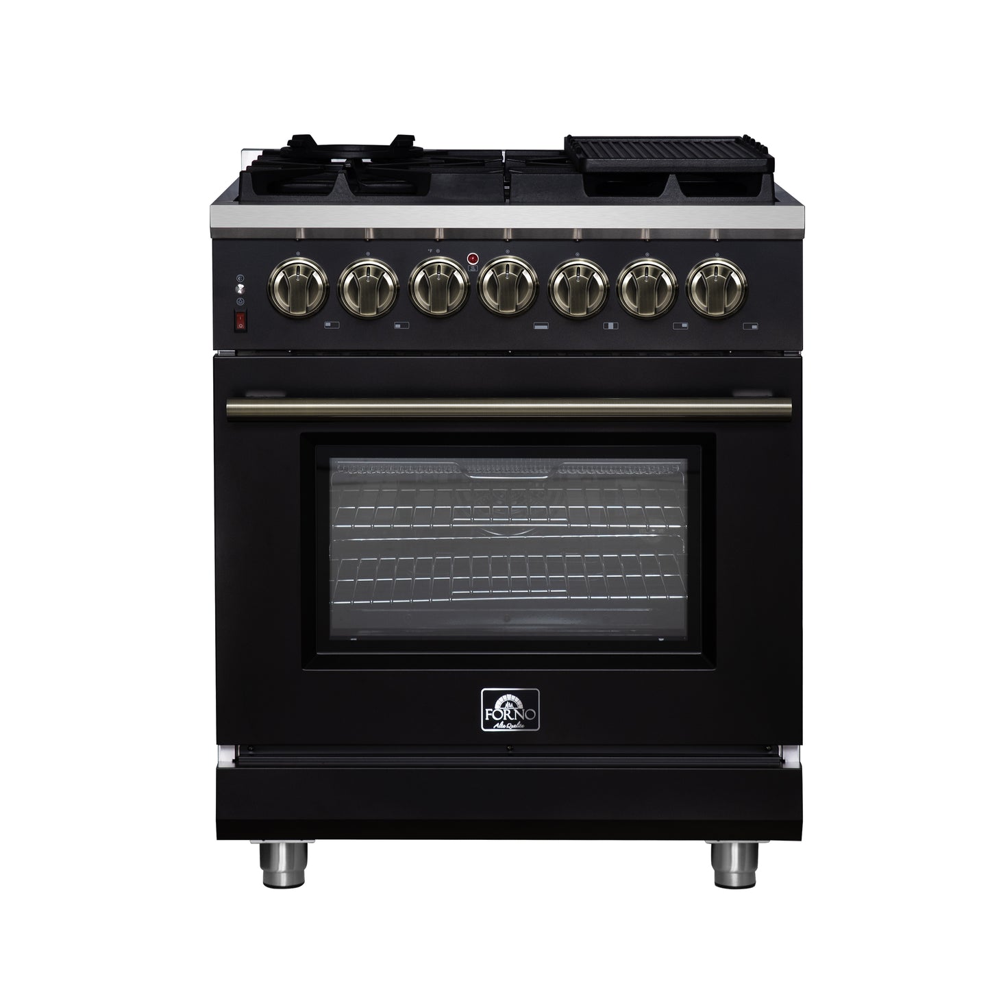 Forno Massimo 30 Inch Freestanding Dual Fuel Range in Black with Antique Brass Accessories, 4 Burners, 4.32 cu. ft. Convection Oven