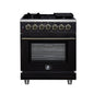 Forno Massimo 30 Inch Freestanding Dual Fuel Range in Black with Antique Brass Accessories, 4 Burners, 4.32 cu. ft. Convection Oven