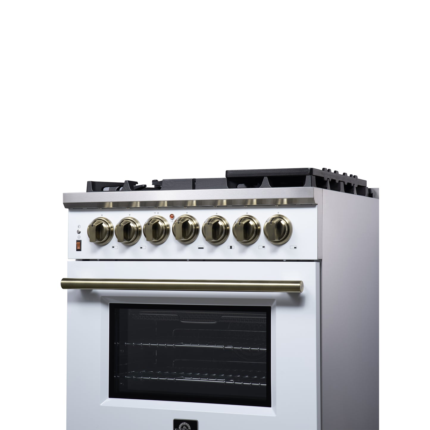 Forno Massimo 30 Inch Freestanding Dual Fuel Range in White with Antique Brass Accessories, 4 Burners, 4.32 cu. ft. Convection Oven