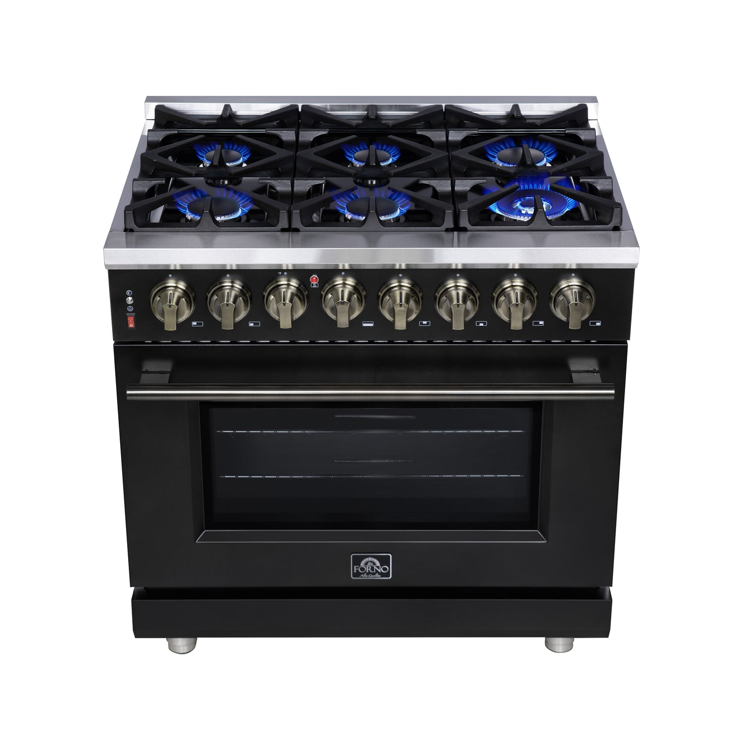 Forno Massimo 36 Inch Freestanding Dual Fuel Range in Black with Antique Brass Accessories, 6 Burners, 5.36 cu. ft. Convection Oven