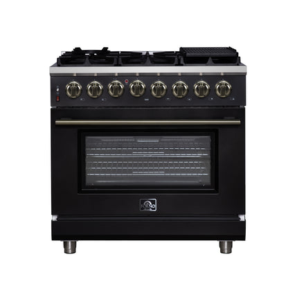 Forno Massimo 36 Inch Freestanding Dual Fuel Range in Black with Antique Brass Accessories, 6 Burners, 5.36 cu. ft. Convection Oven