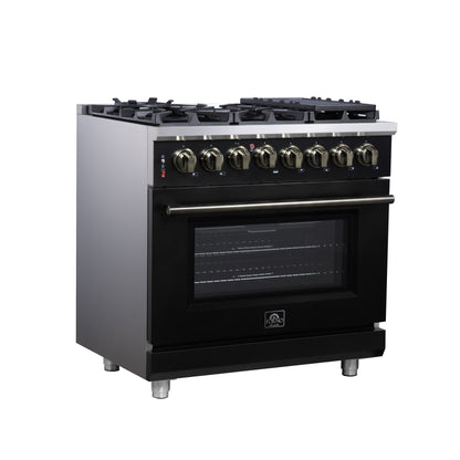 Forno Massimo 36 Inch Freestanding Dual Fuel Range in Black with Antique Brass Accessories, 6 Burners, 5.36 cu. ft. Convection Oven