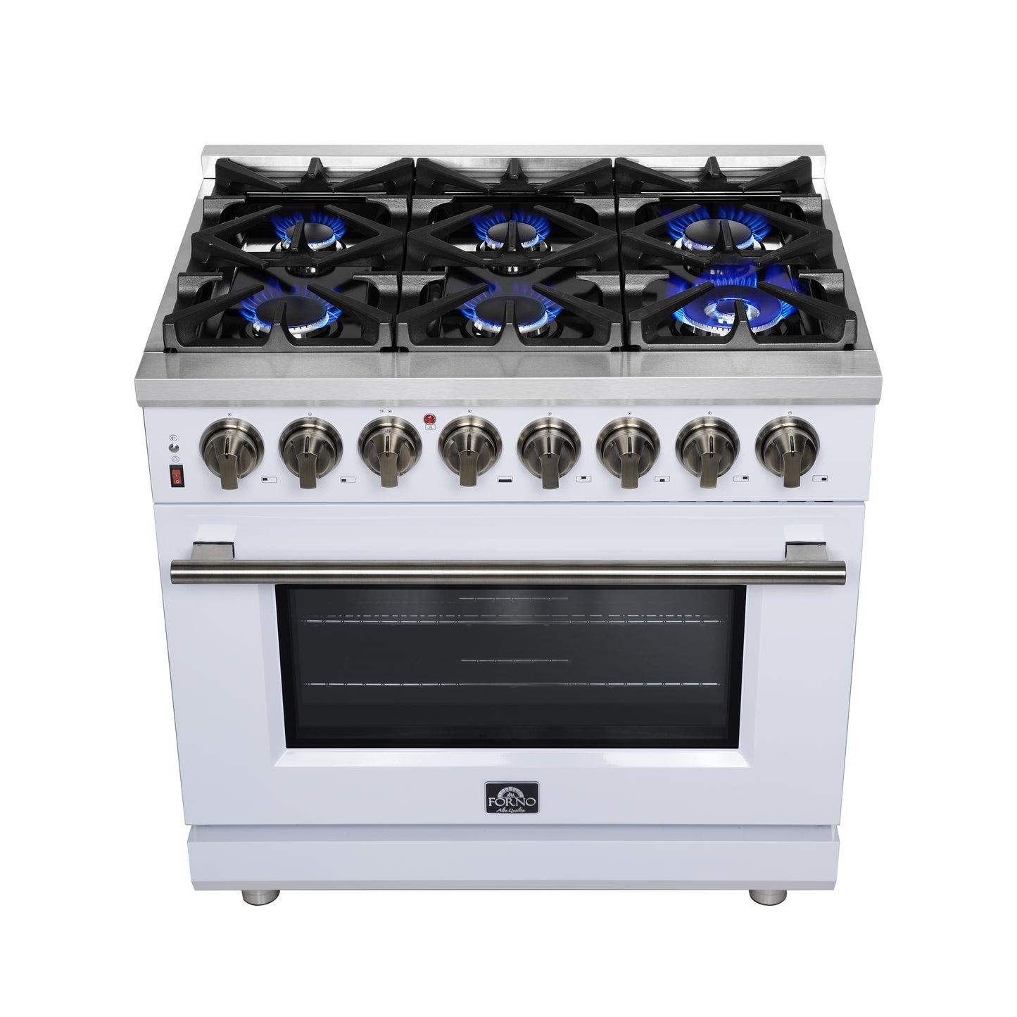 Forno Massimo 36 Inch Freestanding Dual Fuel Range in White with Antique Brass Accessories, 6 Burners, 5.36 cu. ft. Convection Oven