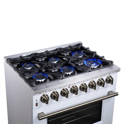 Forno Massimo 36 Inch Freestanding Dual Fuel Range in White with Antique Brass Accessories, 6 Burners, 5.36 cu. ft. Convection Oven