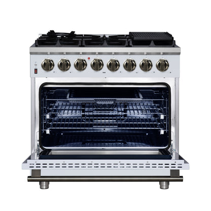Forno Massimo 36 Inch Freestanding Dual Fuel Range in White with Antique Brass Accessories, 6 Burners, 5.36 cu. ft. Convection Oven