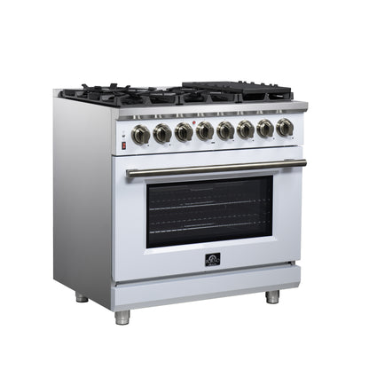 Forno Massimo 36 Inch Freestanding Dual Fuel Range in White with Antique Brass Accessories, 6 Burners, 5.36 cu. ft. Convection Oven